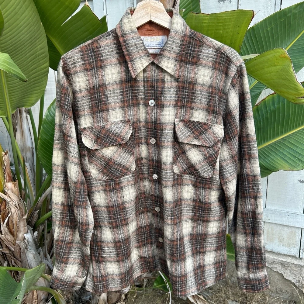 Vintage 70s Cascade Wool Blend Flannel Shirt M 21x26.5 Plaid Korea Single Stitch